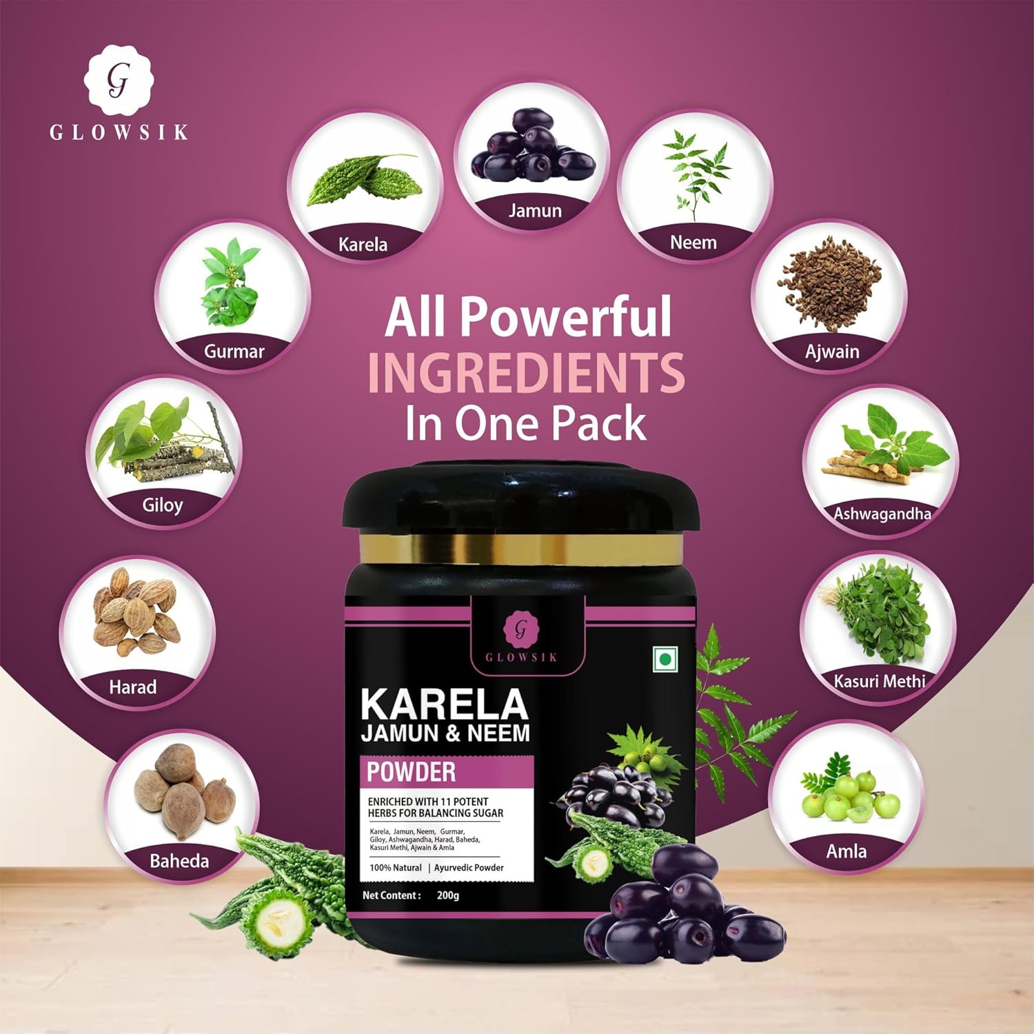 Glowsik Karela Jamun Neem Powder With 11 Potent Herbs | Natural Sugar Management & Cholesterol Support - 200 Gms